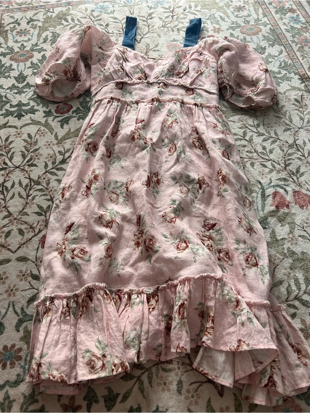 LoveShackFancy Linen Floral Dress Pink Velvet Strap Size 6